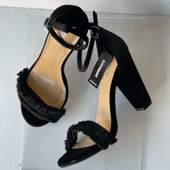 EXPRESS Womens Black Suede Platform Sandals Heels Formal Dress Rhinestone, Sz 9 - Picture 7 of 10